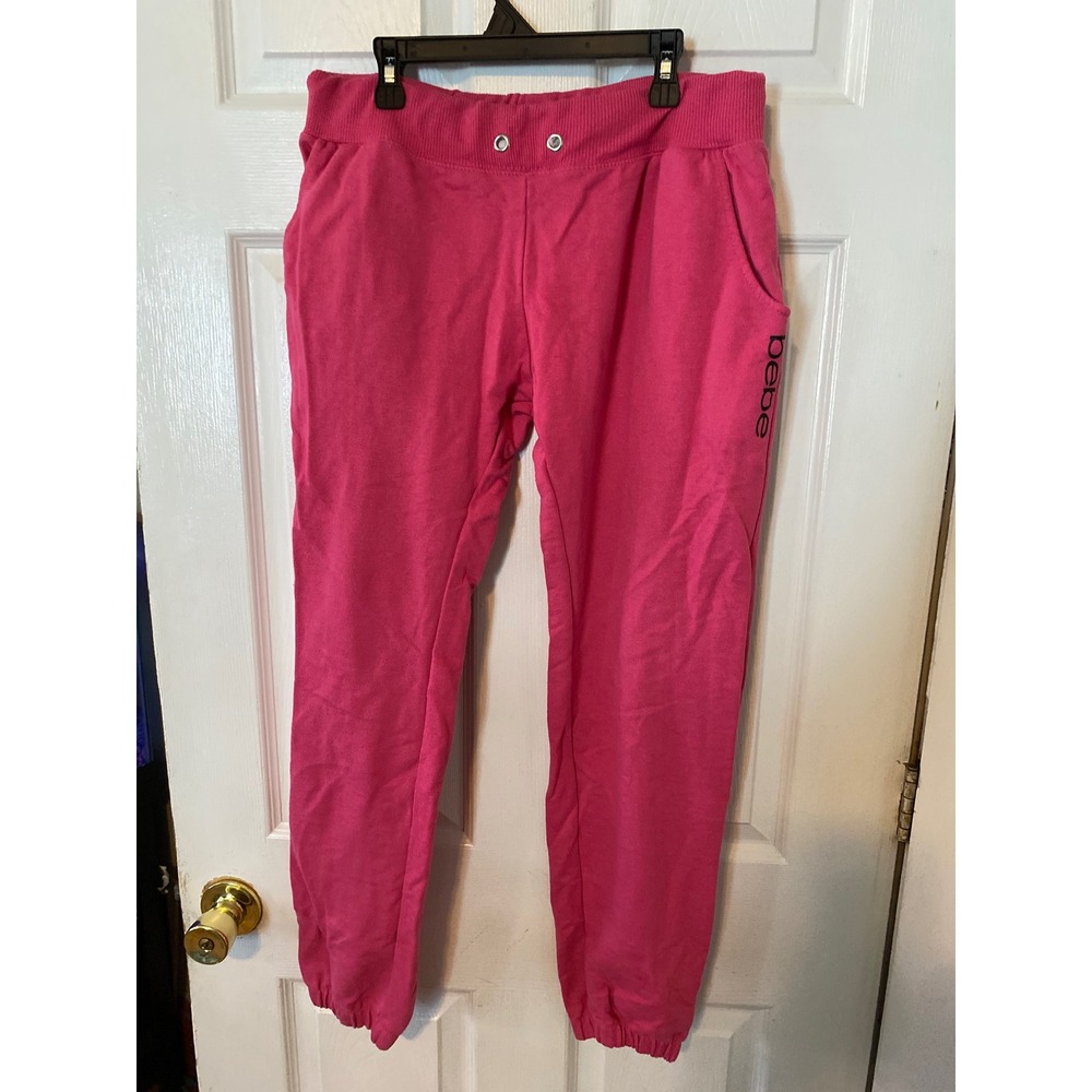 Bebe Pink Jogger Sweatpants Womens Logo Graphic Fleece Lounge Pants Large